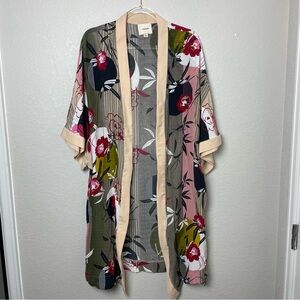 I.Madeline Multi-Color Floral Kimono Robe with Beige Trim Size L